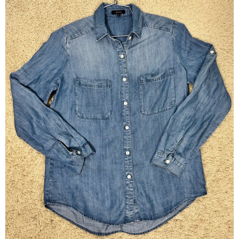 Quince Women's Distressed‎ Chambray Roll Tab Long Sleeve Button Up Shirt Size XS - Picture 4 of 8